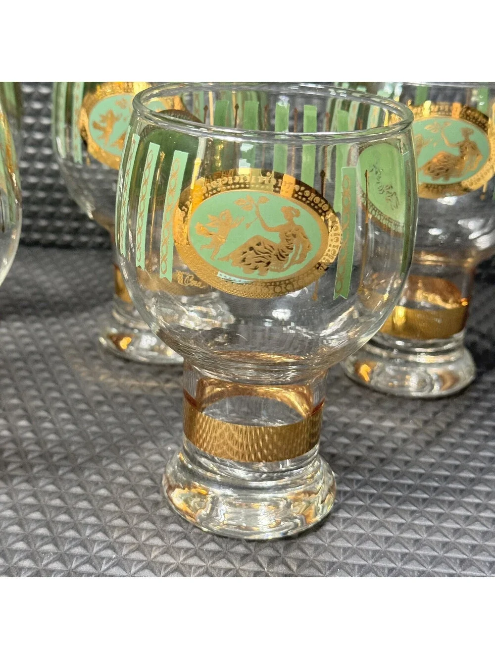 5 MCM Cera Cora Cocktail Water Goblets Barware Gold & Green Federal Glass 10oz